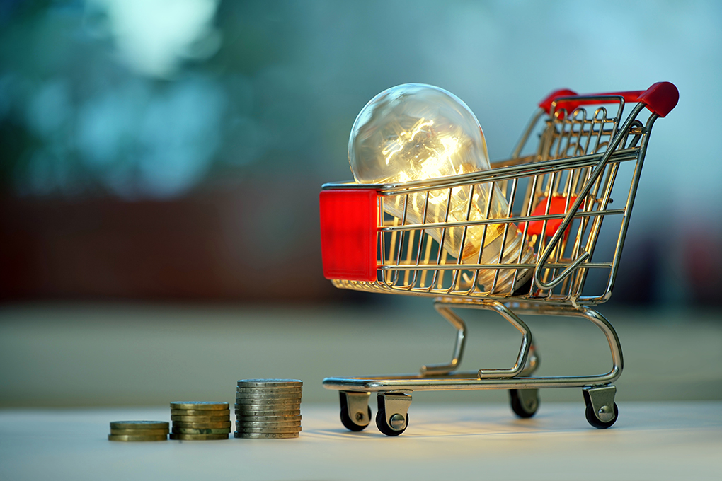 Piles of coins and shopping cart containing light bulb